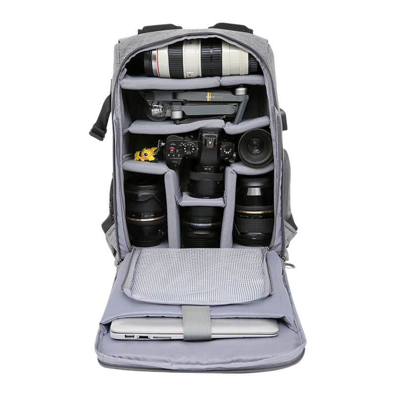 Mochila de equipos de cámara de gran capacidad con cubierta de lluvia impermeable, adecuada para la computadora portátil de 15.6 pulgadas y cámaras DSLR (gris oscuro)